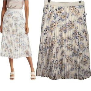 NWT Vince Camuto Womens Ivory Lavender Blue Floral Pleated Midi Skirt Size Small